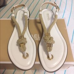 Brand New / Unused Michael Kors White Leather Sandals, White Flat Leather Sandals, Michael Kors White Sandals For Spring, White Michael Kors Sandals For Spring, White Leather Flat Sandals, Michael Kors Leather Sandals With Cushioned Footbed, Nautical Knots, Casual Pumps, White Leather Sandals