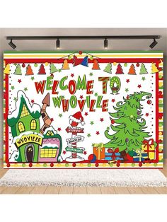 an image of a welcome sign with christmas trees and presents on the wall behind it