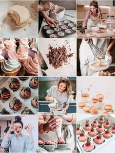 a collage of photos with different types of cakes and cupcakes being made