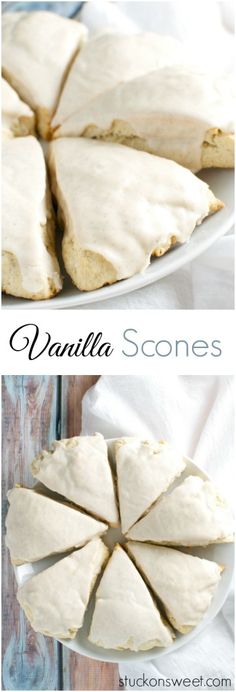 vanilla scones on a white plate with text overlay