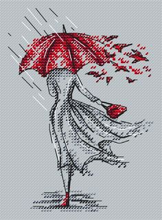 a woman with an umbrella is walking in the rain cross stitched on to a gray background