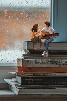 two people sitting on top of stack of books next to a window with raindrops