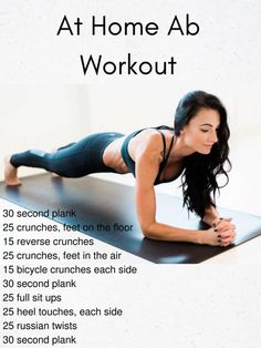 a woman is doing an exercise on a mat with the words at home ab workout