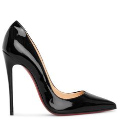 Black Glossy Heels With Pointed Toe, Black Glossy Pointed Toe Heels, Black Glossy Finish Heels With Pointed Toe, Sleek Patent Leather Pointed Heels, Sleek Heels With Red Sole For Night Out, Black Patent Pumps, Black Patent Leather Pumps, Christian Louboutin So Kate, So Kate