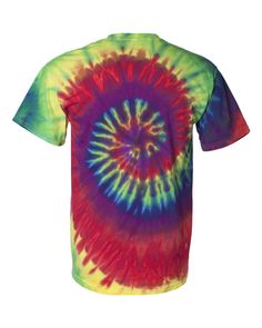 a colorful tie - dyed t - shirt with a spiral design on the front and back