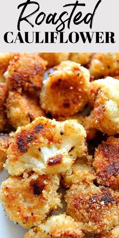 Roasted Garlic Parmesan Cauliflower stacked on a plate. Roasted Cauliflower With Bread Crumbs, Cauliflorini Recipes, Cauliflower In Oven Recipes, Parmesan Cauliflower Bites, Crunchy Baked Cauliflower, Panko Crusted Cauliflower, Roasted Cauliflower Bites, Cauliflower Italian Recipes, Colliflower Bake Cheese