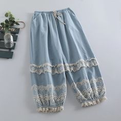 44418104295580 Baggy Light Blue Bottoms For Spring, Casual Bottoms With Lace Trim For Spring, Casual Lace Trim Bottoms For Spring, High Waist Cotton Bottoms With Lace Trim, High-waist Cotton Bottoms With Lace Trim, Casual High Waist Bottoms With Lace Trim, Casual Bottoms With Lace Trim, Blue Stretch Harem Pants For Spring, Casual Blue Bottoms With Lace Trim