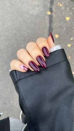 Trendy October Nails, Wine Red Halloween Nails, Dark Red Nails Halloween, Fall Almond Short Nails, Jewel Tone Almond Nails, Dark Purple Nails Halloween, Halloween Nails Dark Purple, Fall Nail Vibes, Dark Fall Color Nails