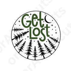 the get lost logo with pine trees and moon in the middle, on a white background