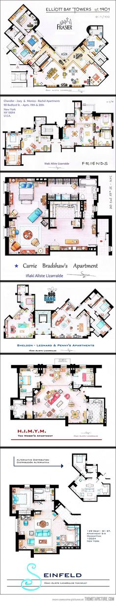 the floor plan for an apartment building with multiple floors and different sections, all in black and