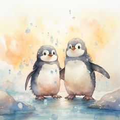 two penguins standing next to each other on top of a body of water with bubbles