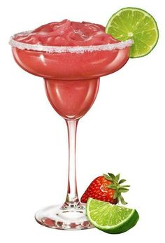 a strawberry margarita in a coupe glass with limes and strawberries