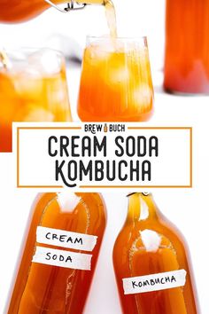 two bottles filled with ice cream soda next to each other on a white surface and text overlay