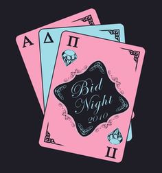 three pink and blue playing cards with the words'bad night 2010'on them