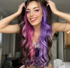 Bright Peekaboo Hair, Black Hair With Bright Colors, Black And Vibrant Hair, Peekaboo Split Dye, Pink Purple Blue Hair Streaks, Dramatic Hair Color Ideas, Fantasy Color Hair Ideas, Pink And Purple Money Piece Hair, Hair Color Ideas Split Dye