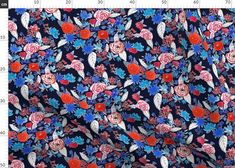 a blue floral print fabric with red and white flowers