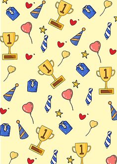 a yellow background with blue and red balloons, stars, and cupcakes on it