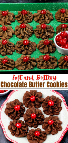 Butter cookies in chocolate flavor with a cherry on top Piped Cookies, Chocolate Butter, Bowl Recipe, Favorite Cookies