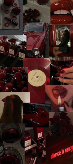 a collage of photos with lipstick and candles