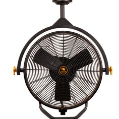 an industrial style fan is mounted on a metal stand with two yellow wheels and one black blade