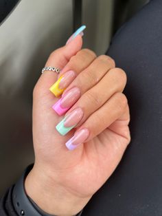 French Tip Acrylic Nails Pastel Colors, French Pastel Nails, French Tip Pastel, Multicolor French Tip Nails, Pastel French Nails, Pastel French Tip Nails, Nail Designs Easter, Pastel French Tips, Diy Long Nails