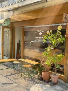 two wooden benches sitting in front of a building with plants growing out of it's windows