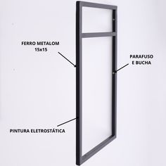 the parts of a metal door on a white wall with black lettering and description details