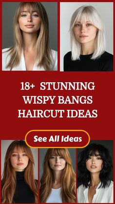 Collage of women with different wispy bangs hairstyles, showcasing diverse haircut ideas.