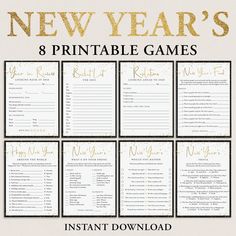 the new year's 8 printable games are shown in gold and black with glitter