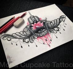 a drawing of a bird with pink flowers on it's face and some pencils next to it