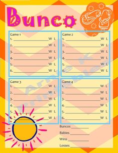 a printable bunco game is shown with the words and numbers on it, as well as an orange background