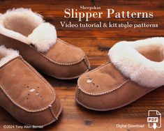 Warm feet! Three different types of DIY style leathercraft patterns for sheepskin slippers. From kid size all the way up to XXXL. Make sure to measure the foot according to the instructions on the pattern. If you just go by what the internet says the measurement is for a given shoe size it will be off, potentially by a large amount. Make one of three sheepskin slipper designs with chrome tan sheepskin and easy to follow kit style leathercraft patterns. The sheepskin I use is available here:  htt Leather Artist, Viking Armor, Leather Working Patterns, Leather Craft Patterns, Shearling Slippers, Leather Armor, Sheepskin Slippers, Leather Workshop, Slippers Pattern