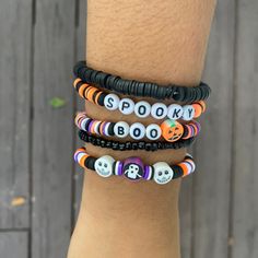 Preppy Halloween Bead Bracelets  | Spooky and Stylish Halloween Bead Bracelets  |  Stacking Bracelets | Kids and adults Bracelets | Customizable and Stretchable Bracelets |  Introducing our Halloween Bead Bracelets, the perfect Halloween accessories for both kids and adults. These charming  Bracelets are out together with a touch of preppy style, making them ideal gifts for anyone who loves to stack their bracelets. Get into the spirit of the season with our collection of Halloween bracelets tha Halloween Novelty Multicolor Beaded Bracelets, Novelty Multicolor Beaded Bracelets For Halloween, Adjustable Multicolor Beaded Bracelets For Halloween, Halloween Novelty Beaded Bracelets With Round Beads, Halloween Beaded Bracelets With Letter Beads, Adjustable Black Beaded Bracelets For Halloween, Halloween Novelty Bracelet With Round Beads, Halloween Bracelets With Letter Beads And Round Shape, Novelty Beaded Bracelets For Halloween