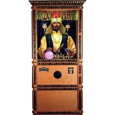 a wooden cabinet with an image of a man in gold on the front and bottom