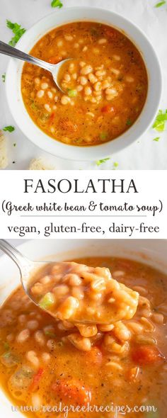 two pictures showing different types of soups in white bowls, one with pasta and the other with beans