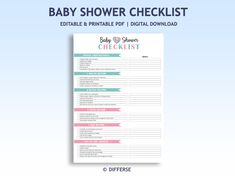 the baby shower checklist is shown on a blue background with pink and green accents