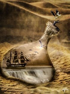 a ship in a bottle floating on top of sand with birds flying around it and water coming out from the bottom