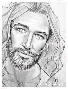 a drawing of jesus with long hair and beard