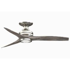 a silver ceiling fan with wooden blades