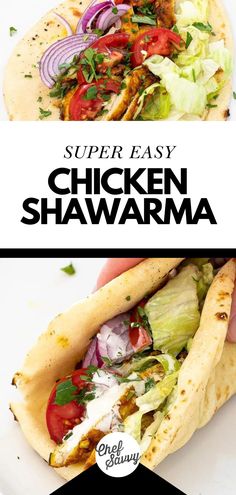 chicken shawarma with lettuce, tomatoes and onions on it in a pita bread