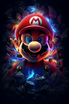 an image of mario in the dark with lightning coming out of his head and eyes