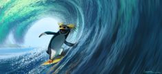 a penguin is surfing on a wave in the ocean