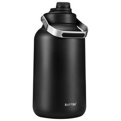 a black water bottle with a metal lid