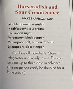 an open book with instructions on how to make sour cream sauce