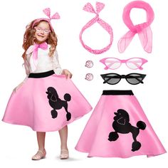 PRICES MAY VARY. Comprehensive Accessory Package: celebrate convenience with a 50s accessories for girls set that includes a poodle skirt, 2 pairs of glasses, a scarf, a headband, and a pair of ear clips; These items provide what your girl needs to create a memorable 50s inspired outfit Classic 50s Theme: bring back the charm with this 1950s outfits for girls set; The timelessly stylish skirt with poodle patterns, the cat eye shaped sunglasses are ideal standout pieces that steal the show, showi Kids 50s Costume, 50s Inspired Outfits, Girls Poodle Skirt, 50s Accessories, Poodle Skirt Outfit, 50s Theme, 50s Costume, Accessories Outfit, Outfit Classic