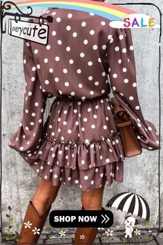 Brown Polka Dot Print Lace-up Ruffled Mini Dress Polka Dot Long Sleeve Dress With Ruffles, Polka Dot Mini Dress With Ruffle Hem, Polka Dot Ruffled Mini Dress, Polka Dot V-neck Dress With Ruffle Hem, Polka Dot Tiered Dress With Ruffles, Tiered Polka Dot Dress With Ruffles, Polka Dot Dress With Ruffle Hem For Brunch, Ruffled Mini Dress, Brown Polka Dots