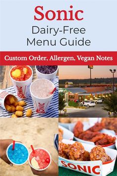 the cover of sonic dairy - free menu guide, with pictures of food and beverages