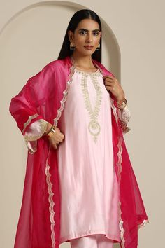 Pink kurta with aari thread embroidered floral motifs. Comes with pant and scallop border dupatta. - Aza Fashions Elegant Palazzo Set With Embroidered Border For Diwali, Chanderi Sets With Embroidered Border For Navratri, Eid Salwar Kameez With Chikankari Embroidery, Eid Chikankari Embroidery Salwar Kameez, Elegant Palazzo Set With Embroidered Border For Eid, Elegant Anarkali Set With Embroidered Border For Transitional Season, Elegant Embroidered Palazzo Set For Eid, Elegant Raw Silk Sharara With Embroidered Border, Wedding Straight Kurta Sets With Embroidered Border