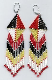 two pairs of beaded earrings with red, black, yellow and white designs on them