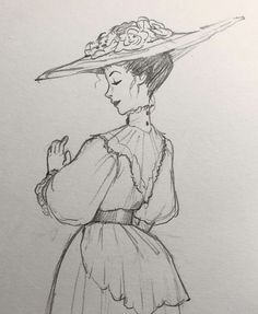 a drawing of a woman in a dress and hat with her hand on her hip